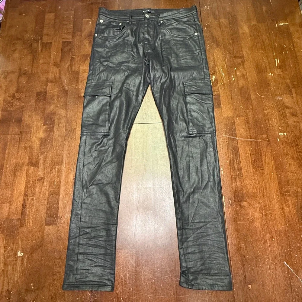 Purple Brand Cargo Pants Mens 34 Black Coated Waxed Slim Fit P002 SS2103JNS
